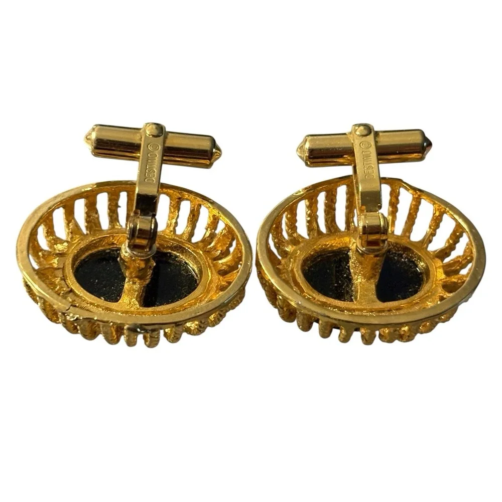 Vintage Destino Cufflinks‎ Black Center Gold Tone Oval Open Work Dome Design MCM